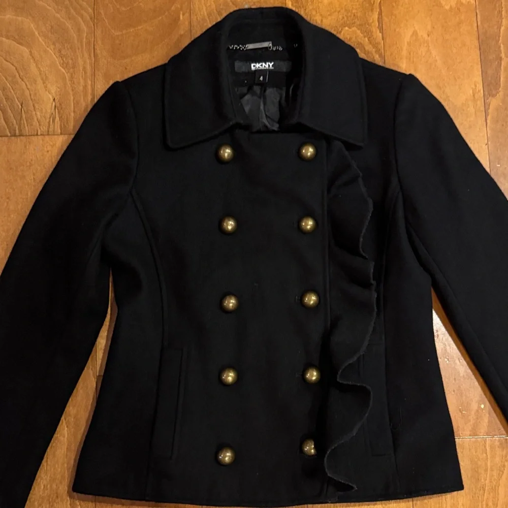 DKNY‎ Women's Black Pea Coat with Gold Buttons and Ruffle